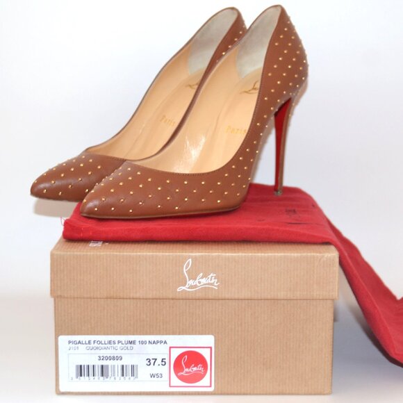 Christian Louboutin W/ Box Studded Brown Pigalle Follies Heels SIZE 7.5 EU 37.5 - Picture 9 of 11